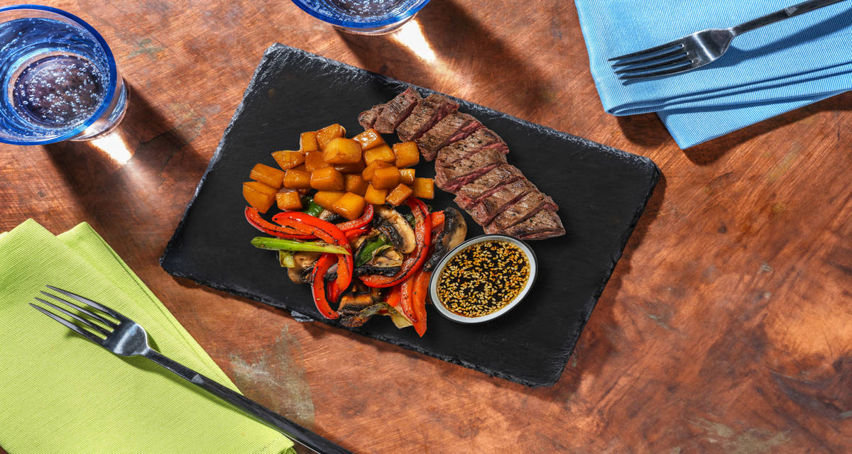 Yakiniku : bavette & sauce à la japonaise avec des légumes & pommes de terre au soja