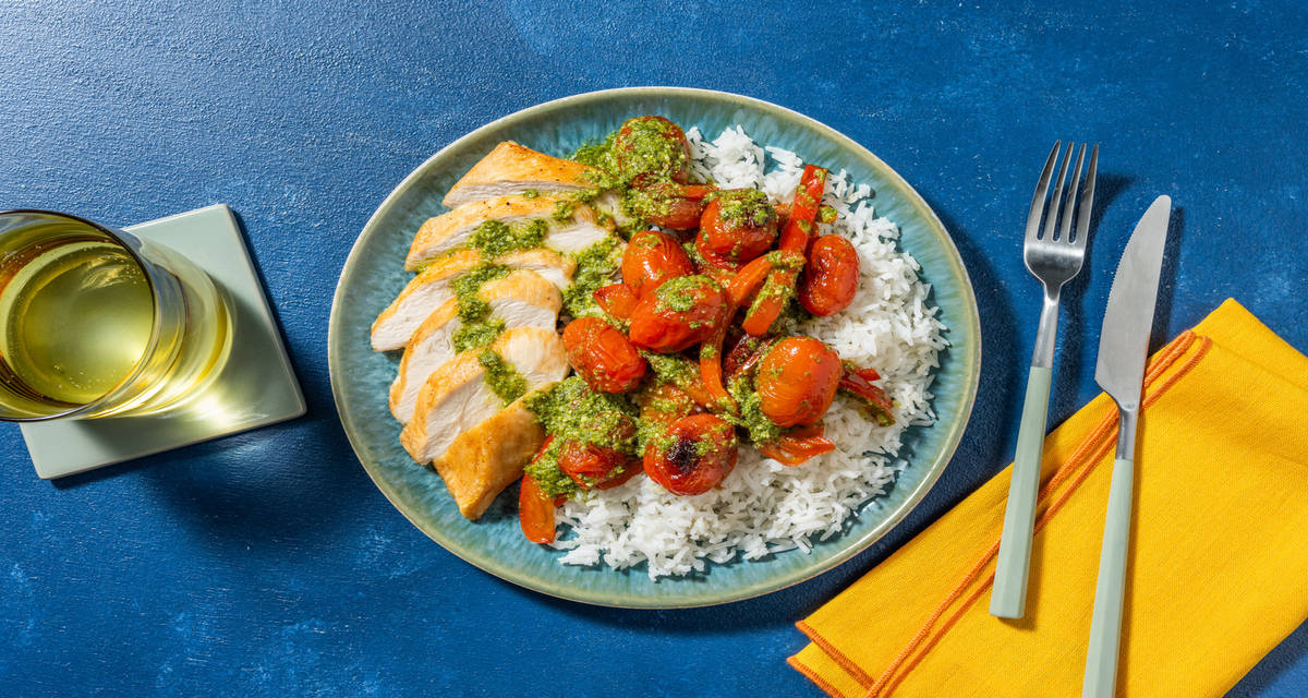 Pesto Chicken Traybake and Garlic Rice with roasted pepper and cherry tomatoes