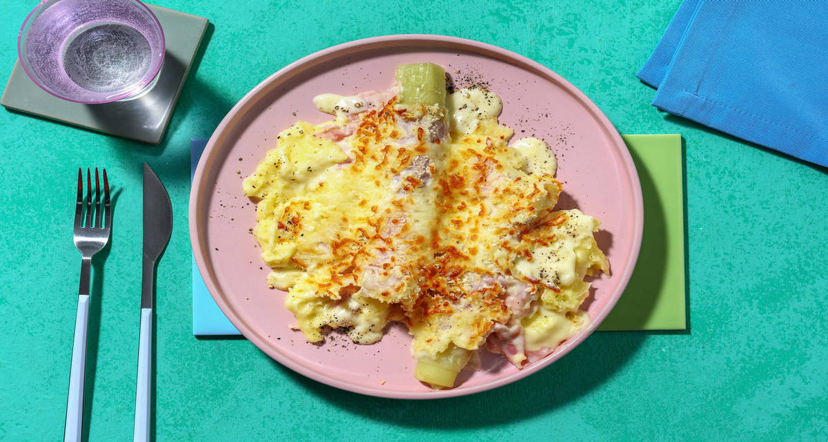 Romige preigratin met aardappelpuree met ham en cheesy pankotopping