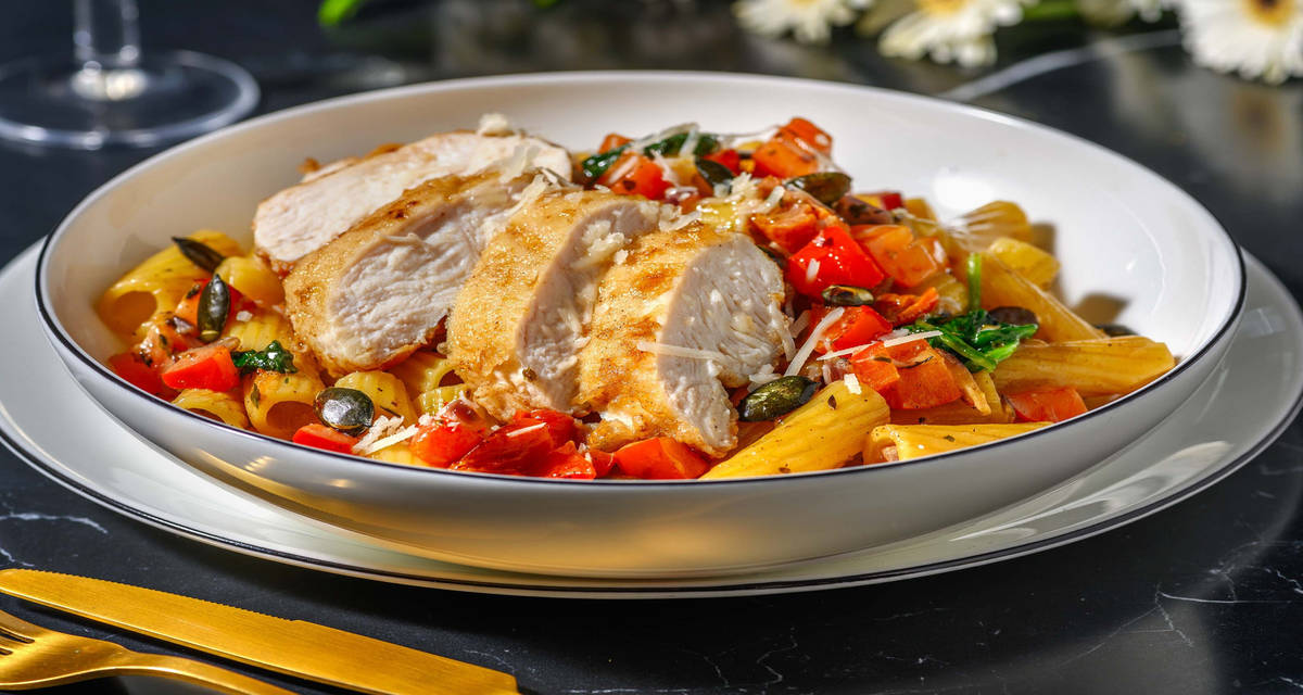 Siciliaanse pasta met kip en parmigiano reggiano met semi-gedroogde tomaatjes, paprika en spinazie
