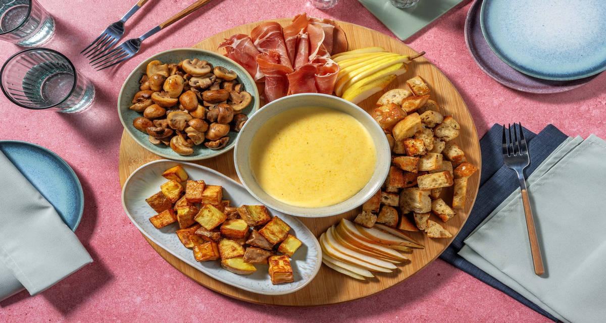 Fonduekit med gruyère-ost 2-4 portioner | med forskellige tilbehør
