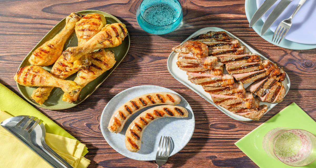 Assortiment de viandes à griller 3 Portions | Pavés de Bœuf, Pilons de Poulet, Saucisses