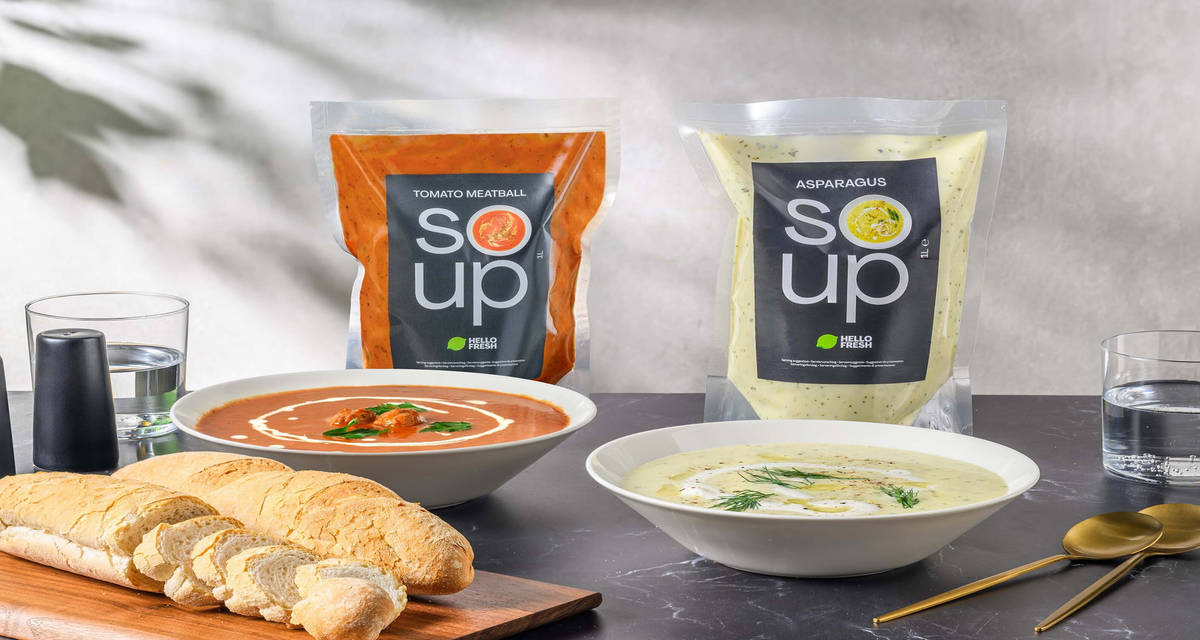 Soep Bundel: Verse tomatensoep met balletjes en witte-aspergesoep met witte demi-baguette 2 x 1000 ml | 6 - 8 porties | Serveertip