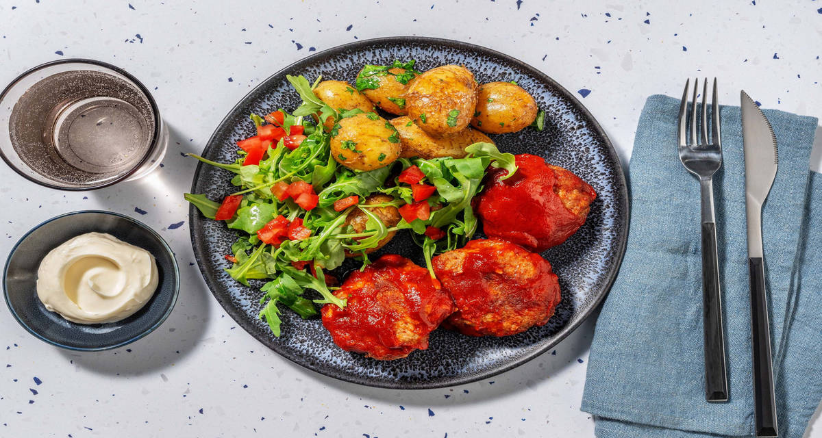 Spanske BBQ-glaserede kødboller med gremolata-kartofler og frisk salat