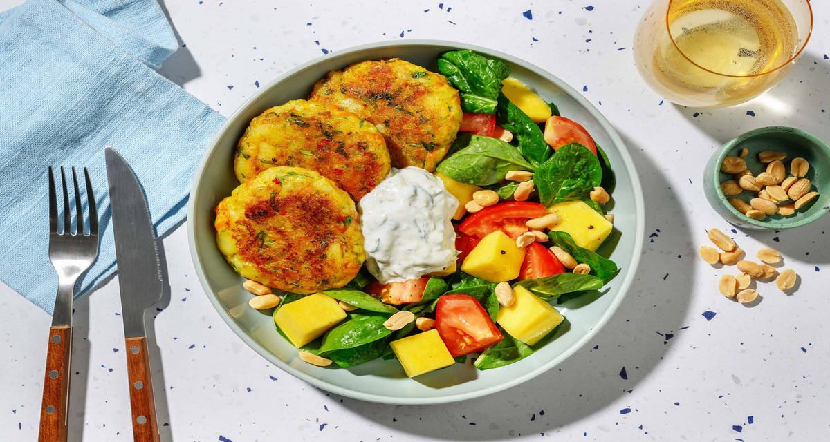 Indiska aloo tikki-potatiskakor med kachumbersallad och raita