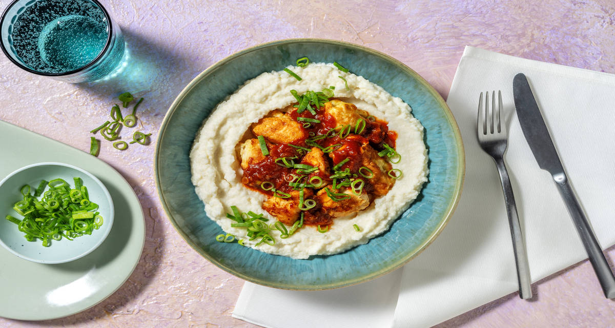 Pollo frito en salsa oriental sobre puré cremoso de coliflor