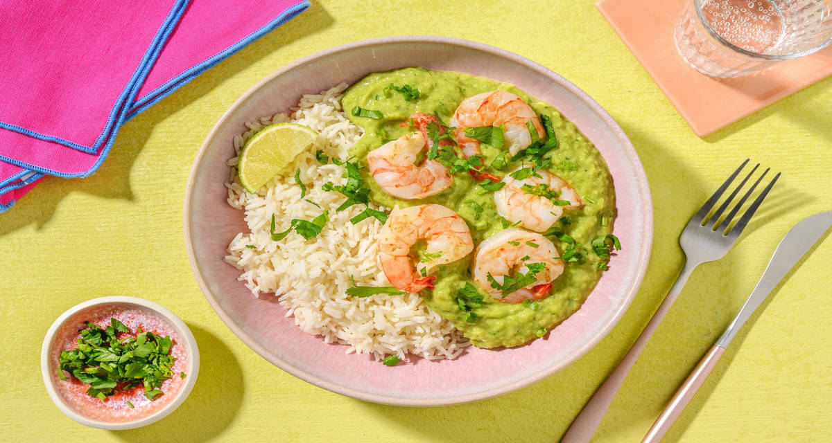 Tropical - mazzancolle e crema di avocado con peperoni, spezie Cajun, riso e lime