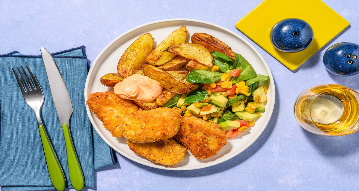 Cajunpaneret halloumi med TexMex-kartofler og majs-avocadosalat