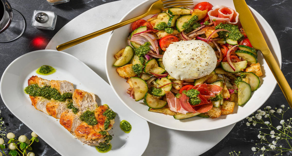 Pannstekt kycklingfilé och panzanella-sallad med prosciutto och pesto