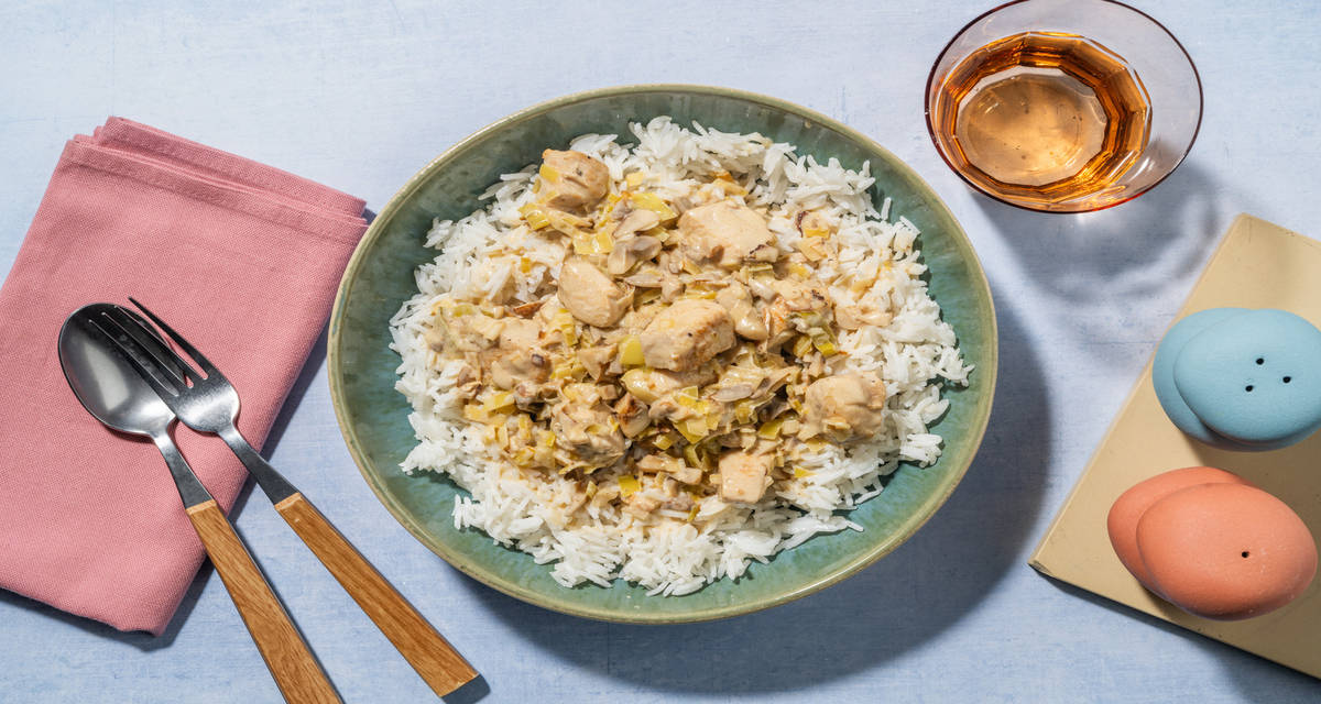 Chicken in Creamy Mushroom Sauce with softened leeks and fluffy rice