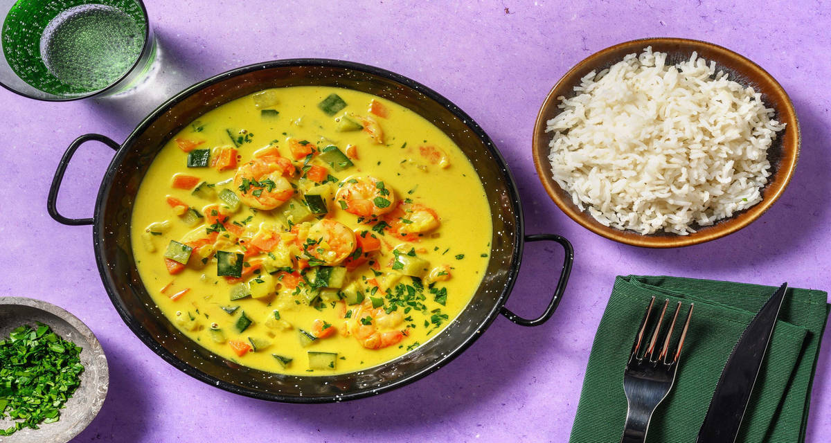 Gamberi alla thailandese - curry e cocco con riso Basmati, zenzero e zucchine