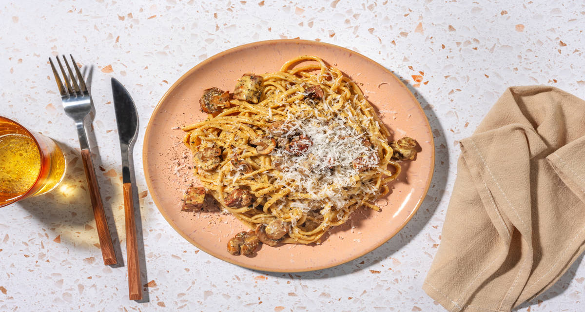 Chorizo, Chicken and Mushroom Pasta with cheese and creamy sauce