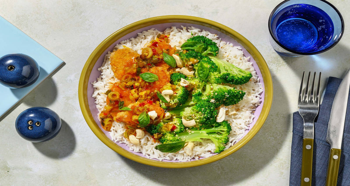 Nuggets végétariens en sauce épaisse à l'orange riz à l'ail et gingembre et brocoli au gomasio