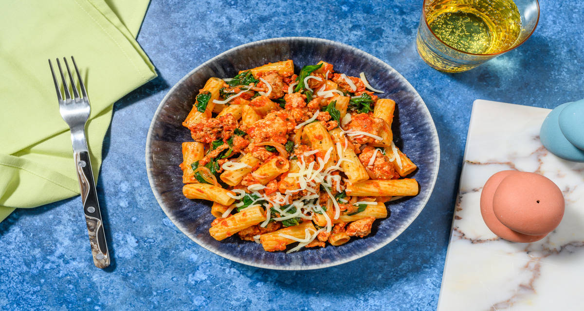 Lean Beef Rigatoni in Rich Tomato Sauce with spinach and sprinkled cheese