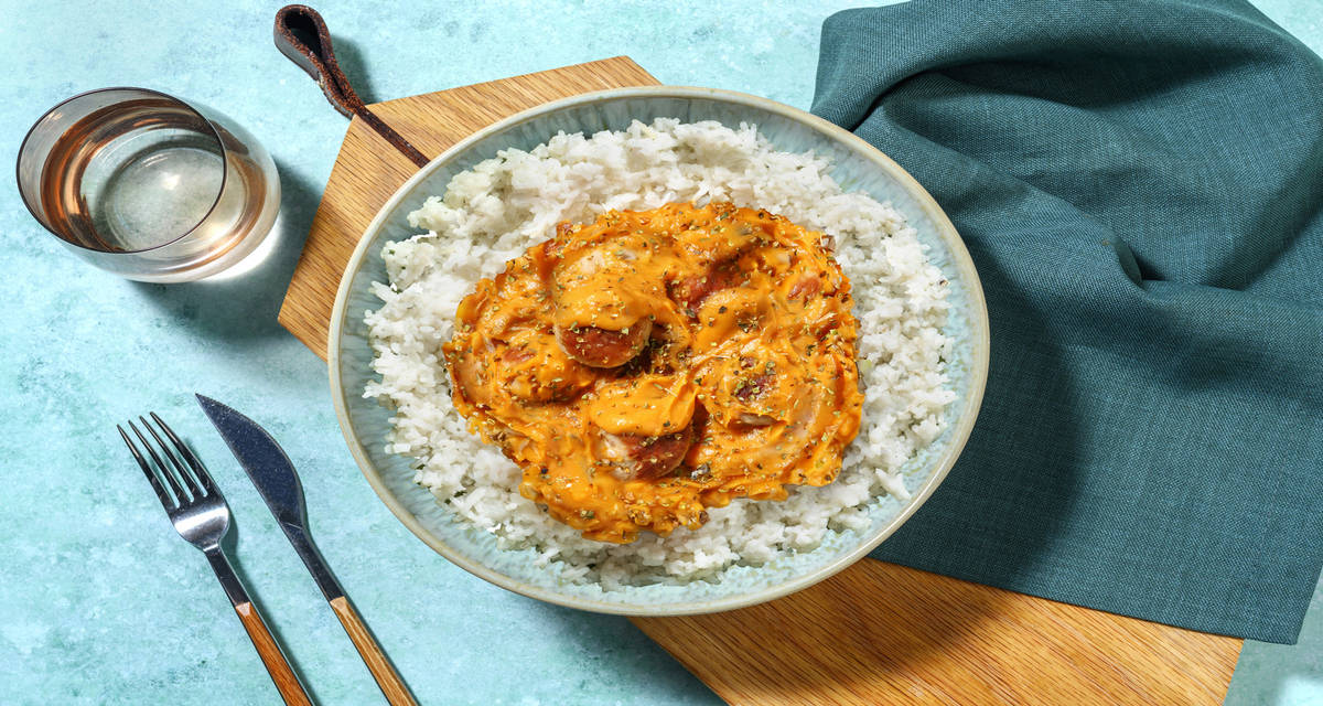 Albóndigas de cerdo en salsa casera de boniato acompañadas de arroz basmati