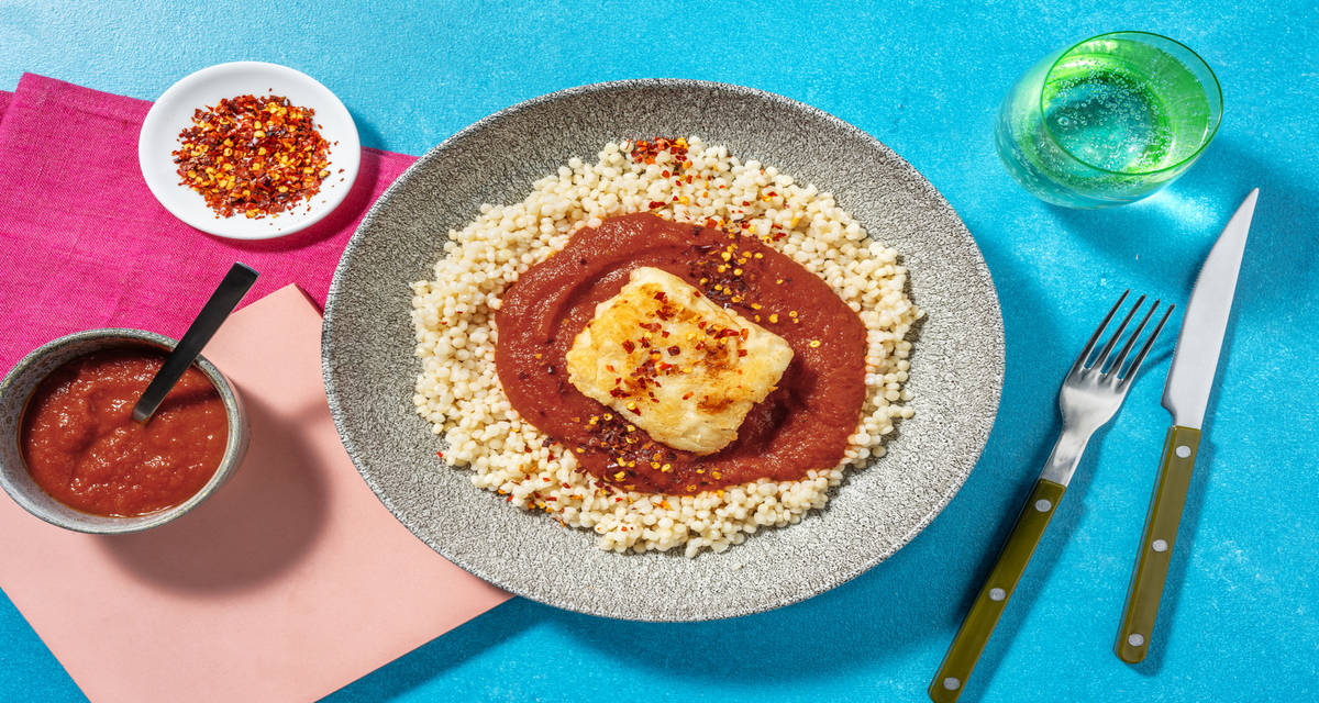 Merluza con salsa americana casera con chili en escamas sobre cuscús perlado