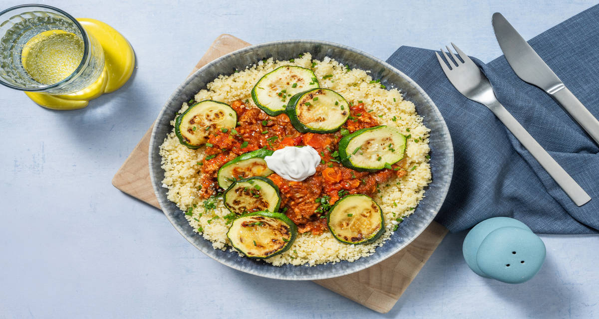Spiced Lean Beef Mince Stew with courgette, couscous and creme fraiche
