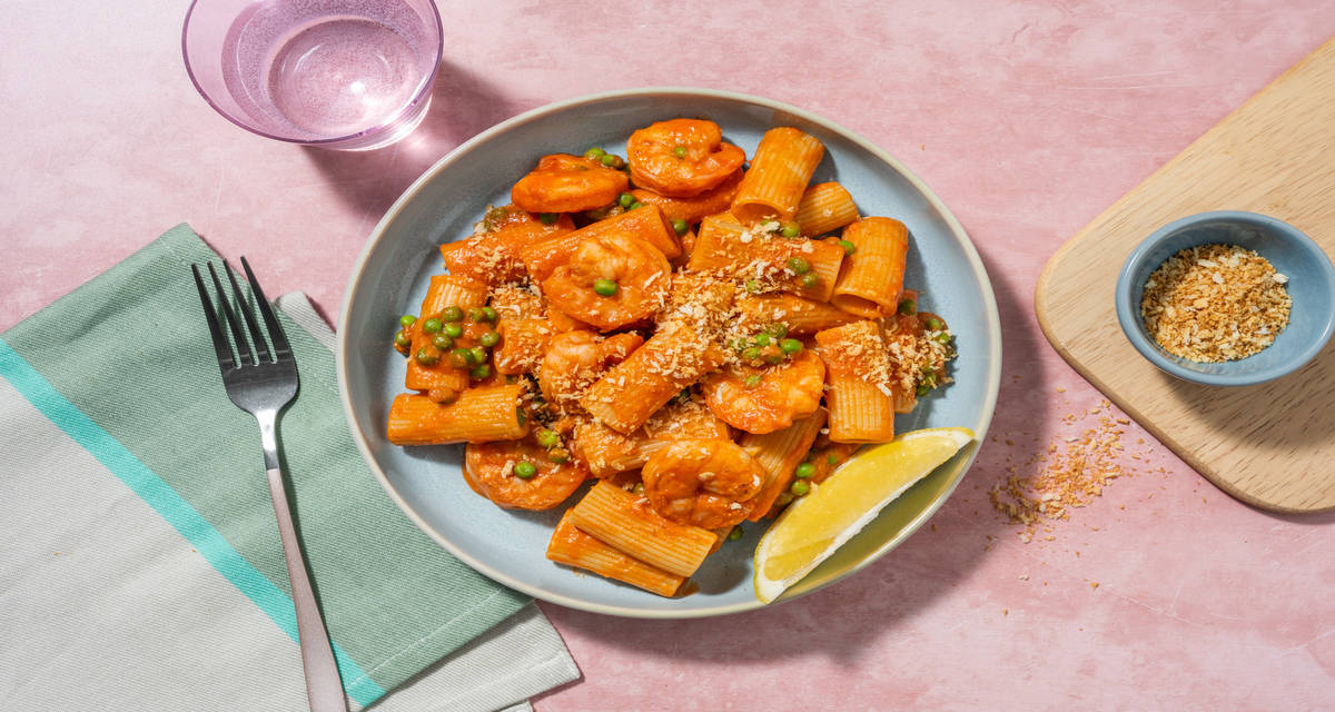 Creole-inspired Prawn Rigatoni with cheese and a hint of lemon
