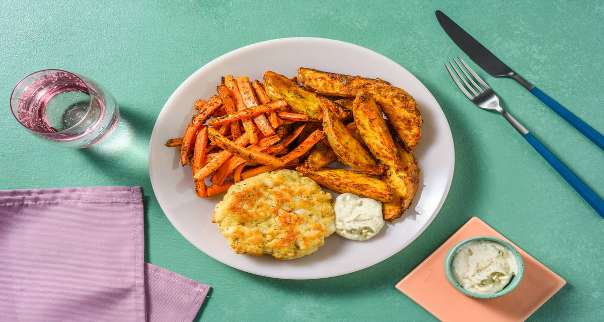 Hamburguesa de pollo con mayonesa de ajo asado con patatas deluxe caseras y zanahorias asadas a la miel