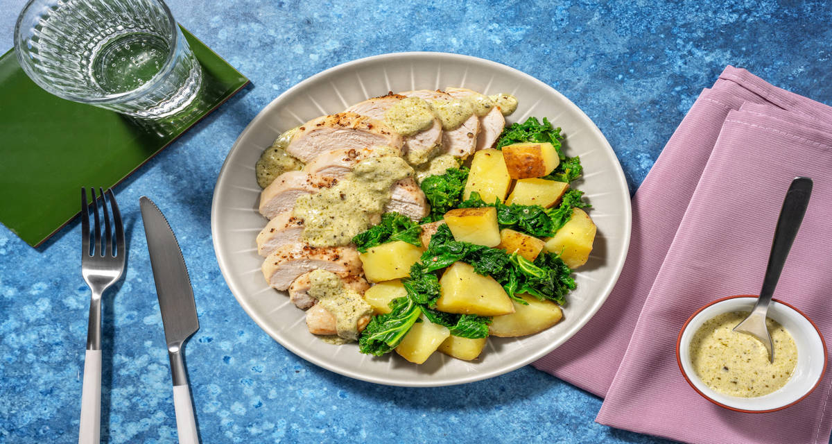 Roast Chicken and Creamy Pesto Sauce with kale and buttery potatoes