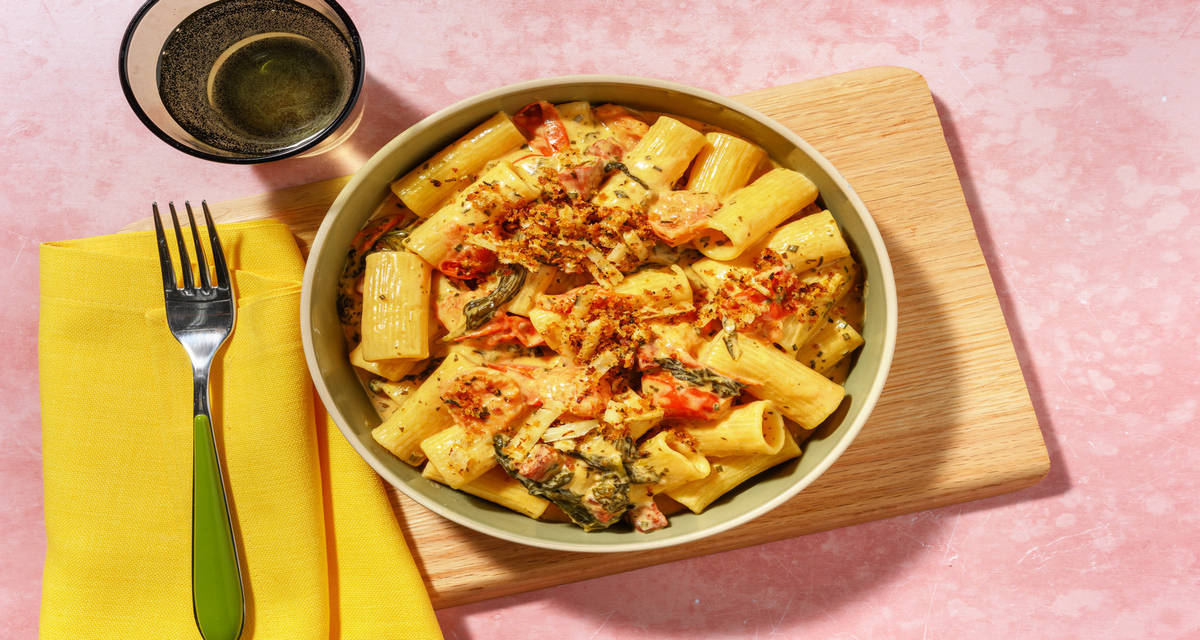 Creamy Chorizo Pasta with cherry tomatoes and herby pangrattato