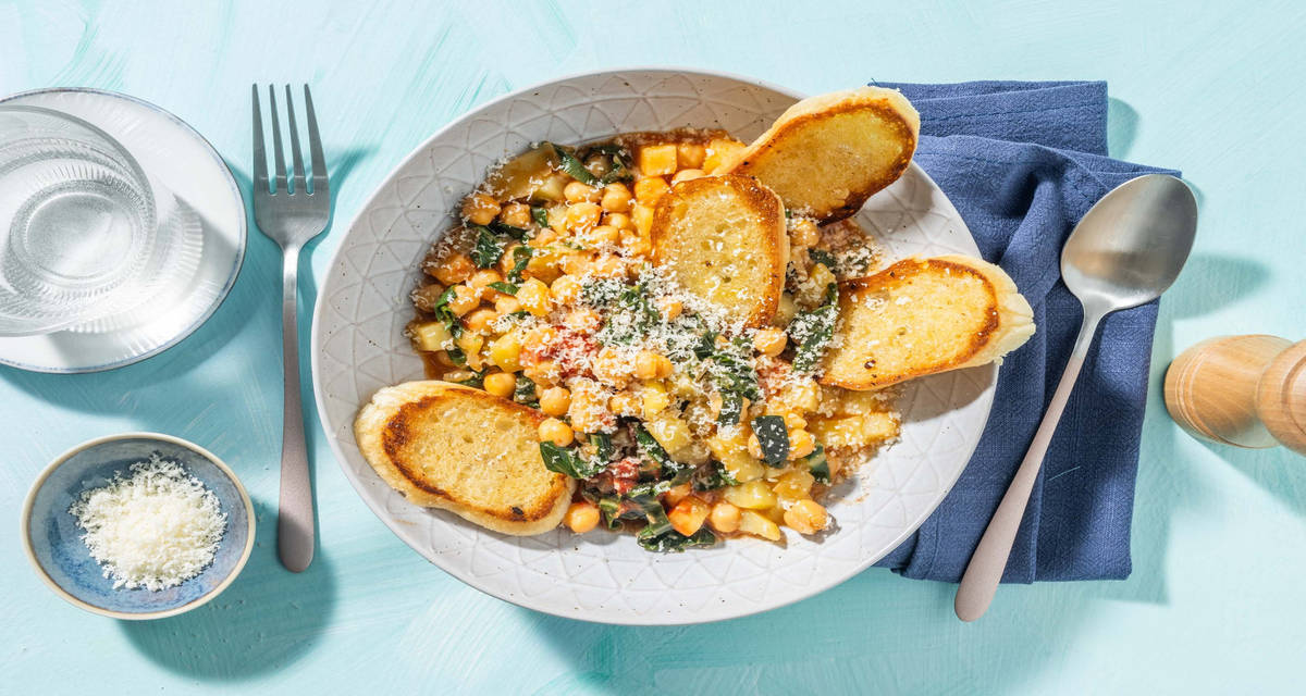Zimino di ceci, bietole e pecorino romano con patate e crostini caserecci