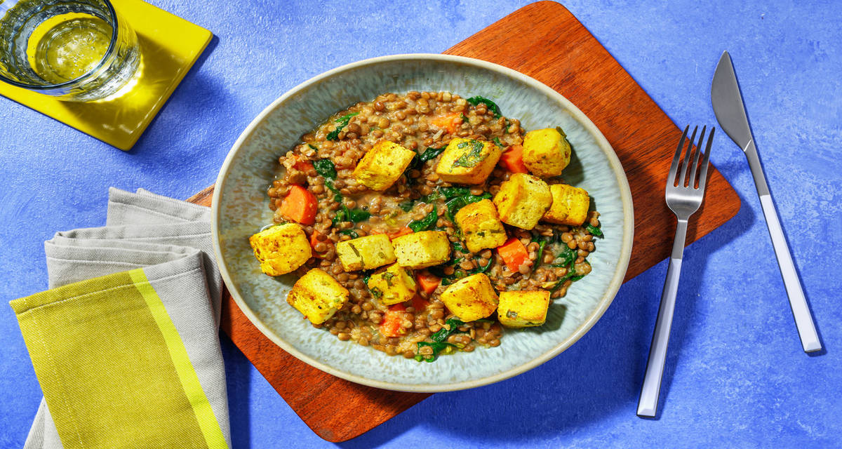 Spinach and Tofu Dahl with coriander and lime