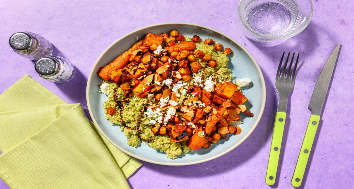 Warm Roast Veg Salad Bowl with pesto-infused bulgur wheat