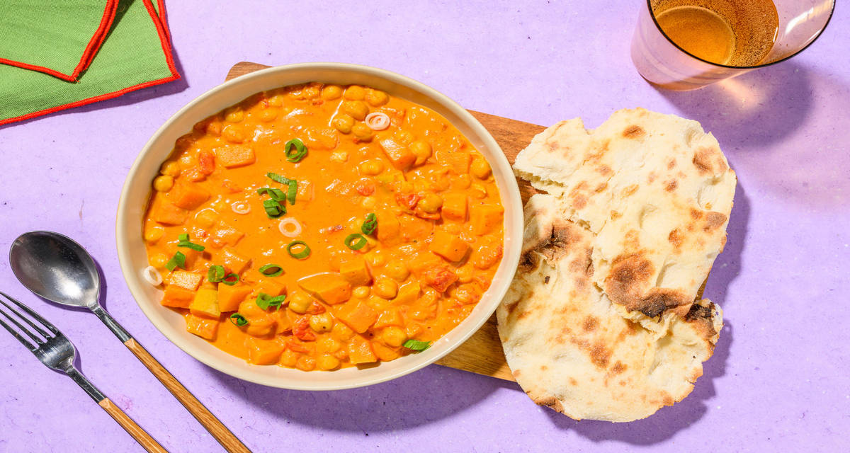 Butternut Squash Korma Curry with warm and fluffy naan