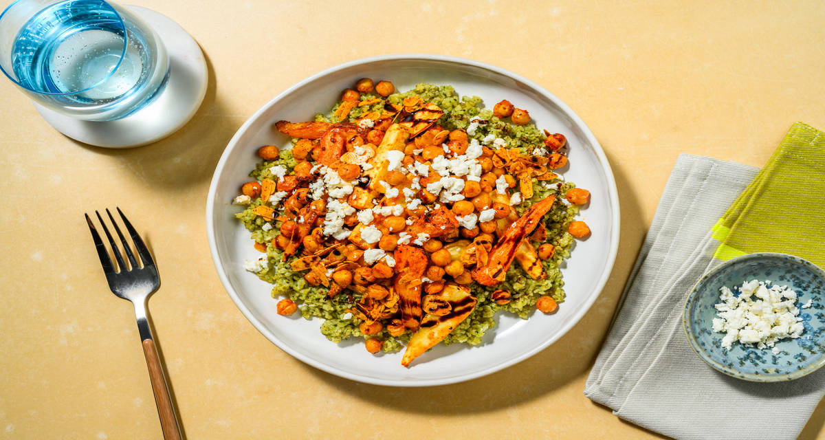 Warm Roast Veg Salad Bowl with Halloumi with pesto-infused bulgur wheat