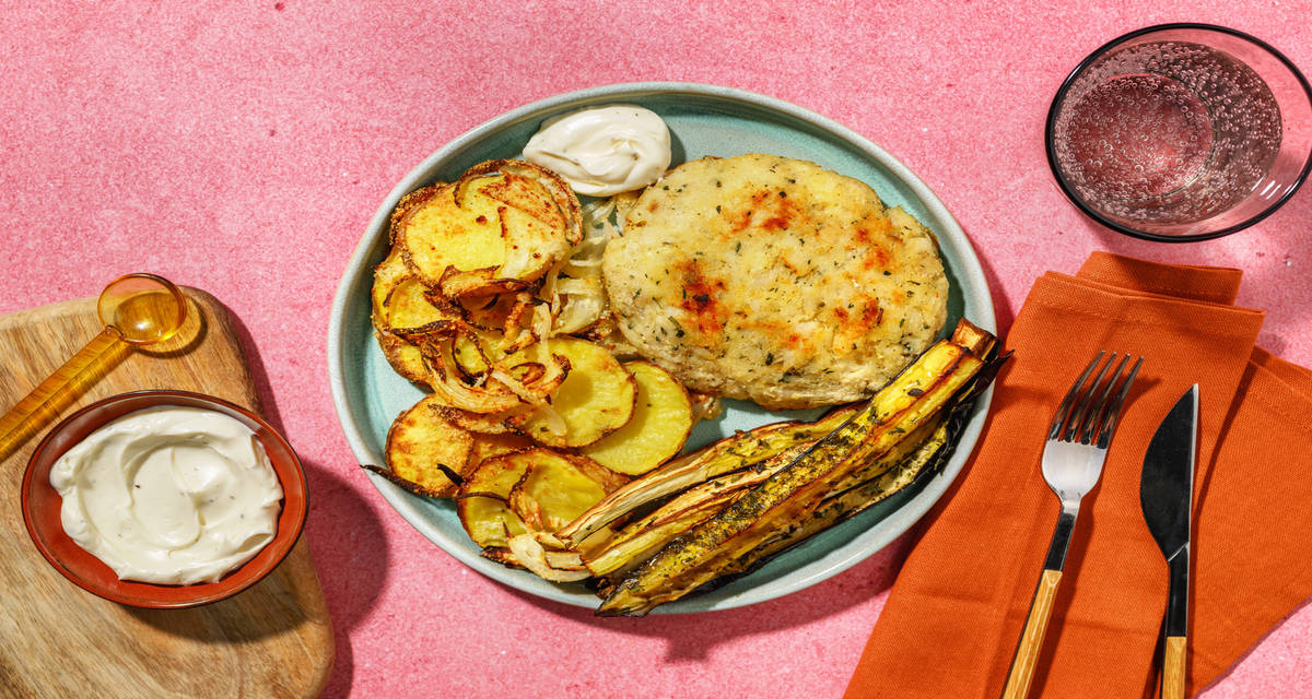 Hamburguesa de pollo con berenjenas a la miel con verduras al pecorino y mayonesa de ajo asado