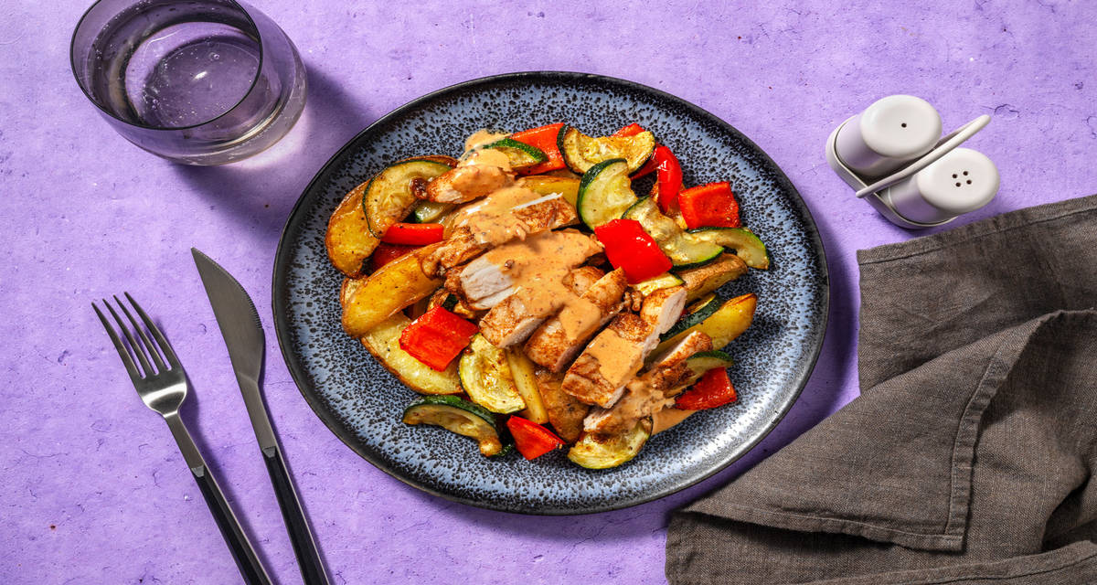 Muslos de pollo asados con salsa de chipotle con verduras al horno
