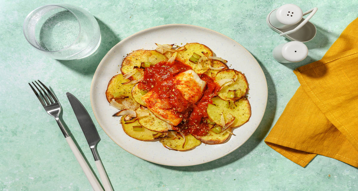 Bacalao con tomate con verduras asadas y aceite de pimentón