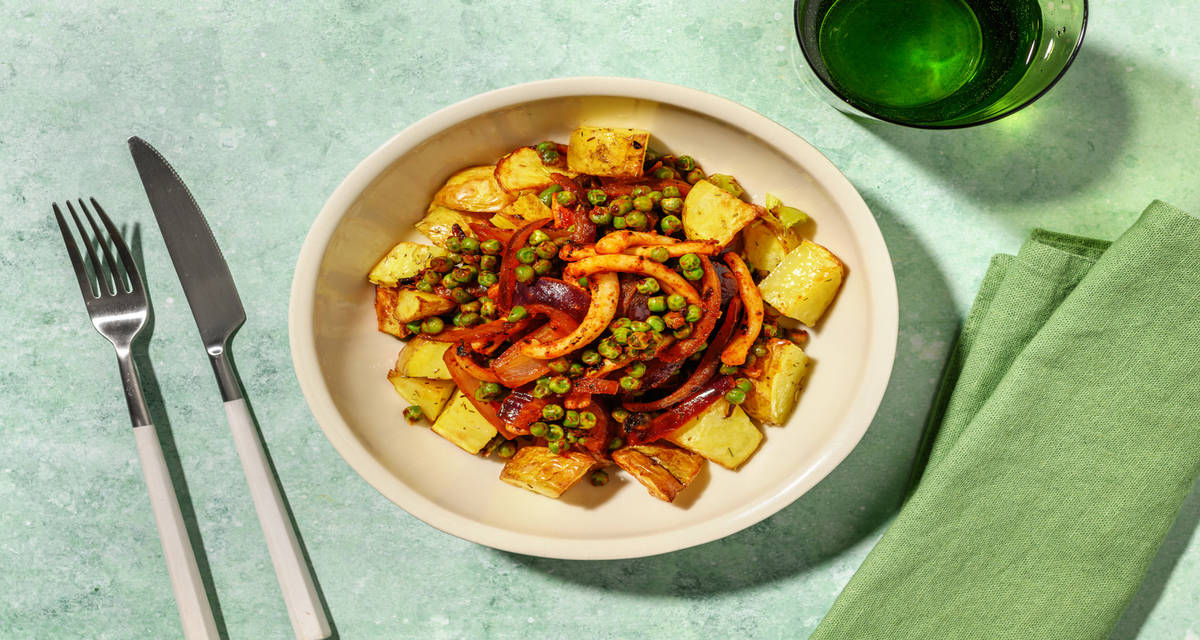 Frita de calamar gigante estilo balear con verduras y patatas asadas