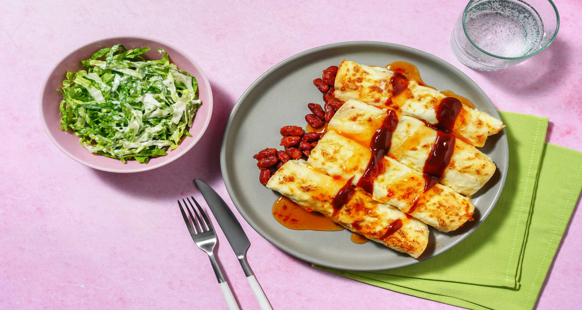 BBQ Bean Enchiladas with Irish Chicken with salad and cheesy sauce