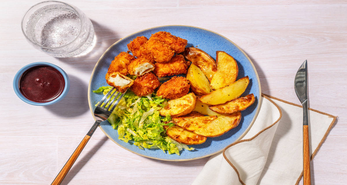 Queso estilo chipriota frito con mermelada con patatas asadas y ensalada