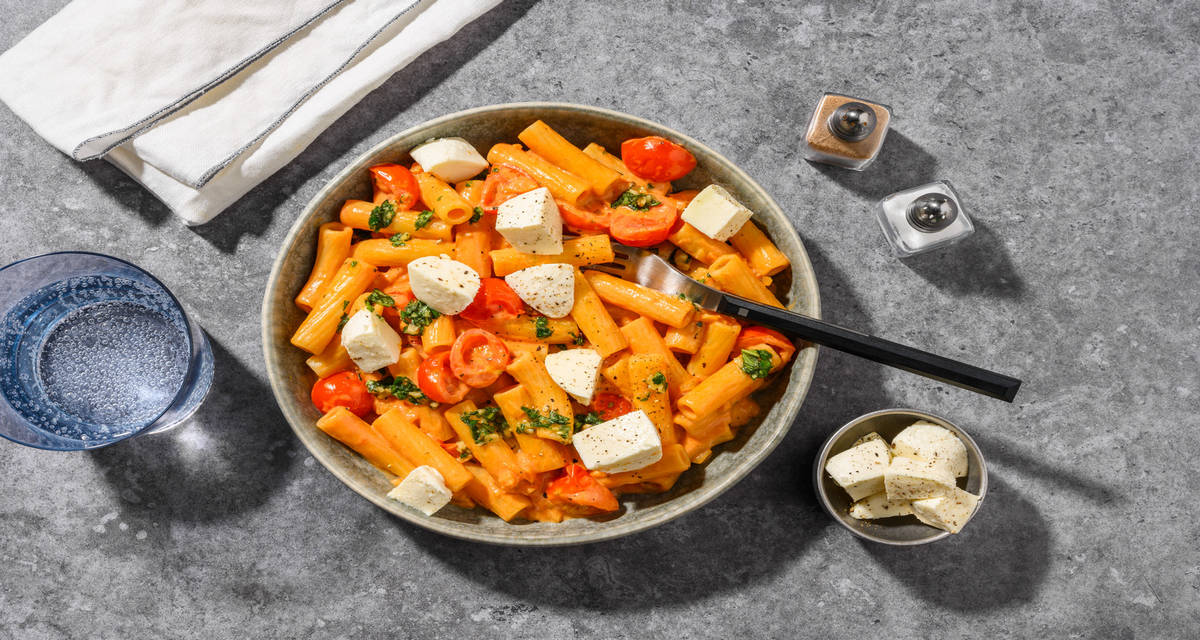 Pasta alla pomodoro och färsk mozzarella med körsbärstomatsås och basilikapesto