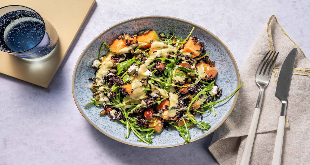 'Sapori d'estate' - melone, riso nero e mazzancolle con formaggio greco, rucola e semi di zucca