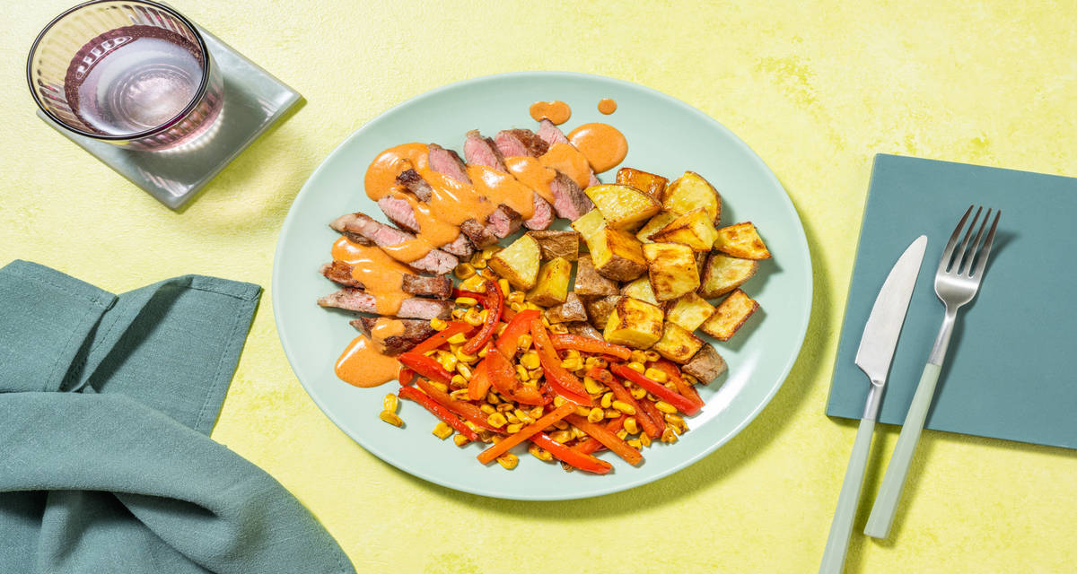 Ternera con salsa cremosa de chipotle con verduras salteadas y patatas asadas