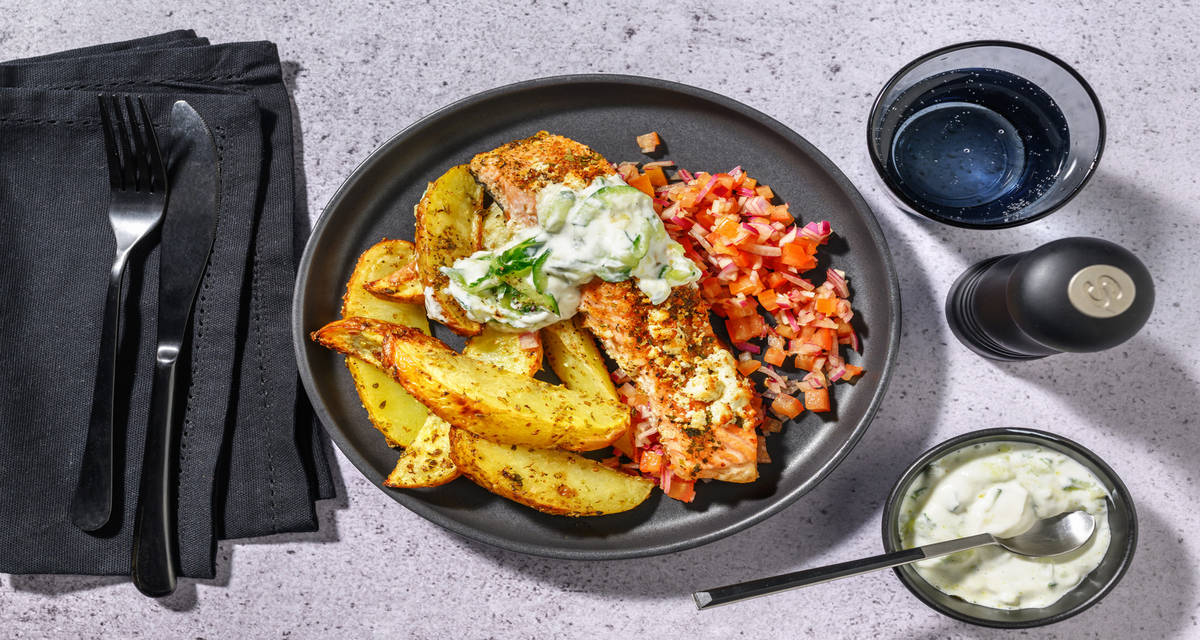 Grekisk-inspirerad lax med citrusrostad potatis och tzatziki