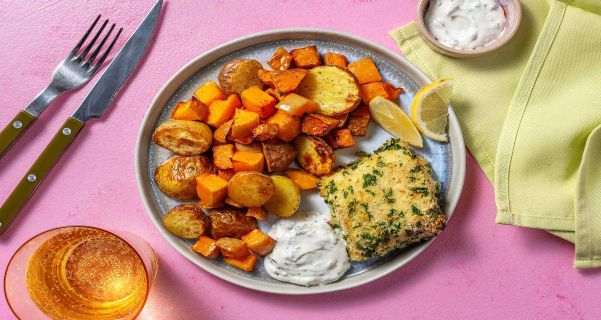 Cotoletta di merluzzo light al forno con zucca e patate arrosto