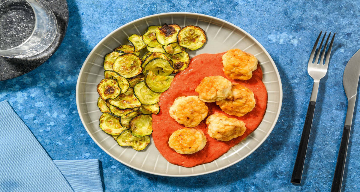 Croquettes di merluzzo su salsa ai datterini con zucchine alla scapece e basilico
