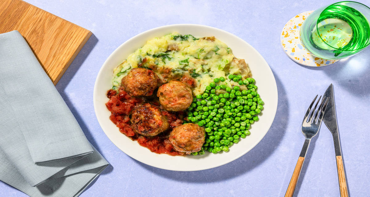 Beef and Pork Meatballs in Ballymaloe Relish with colcannon and peas