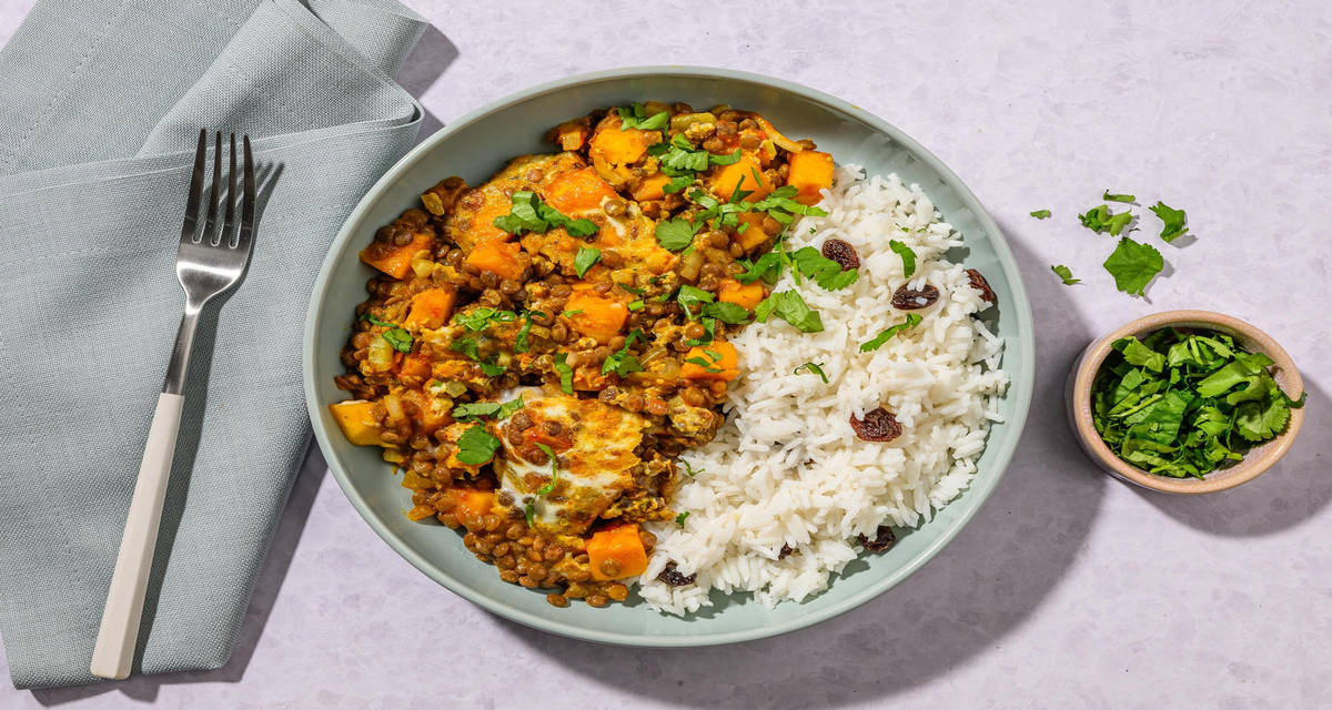 Bobotie di lenticchie, mazzancolle e uova con curry, uvetta e zucca