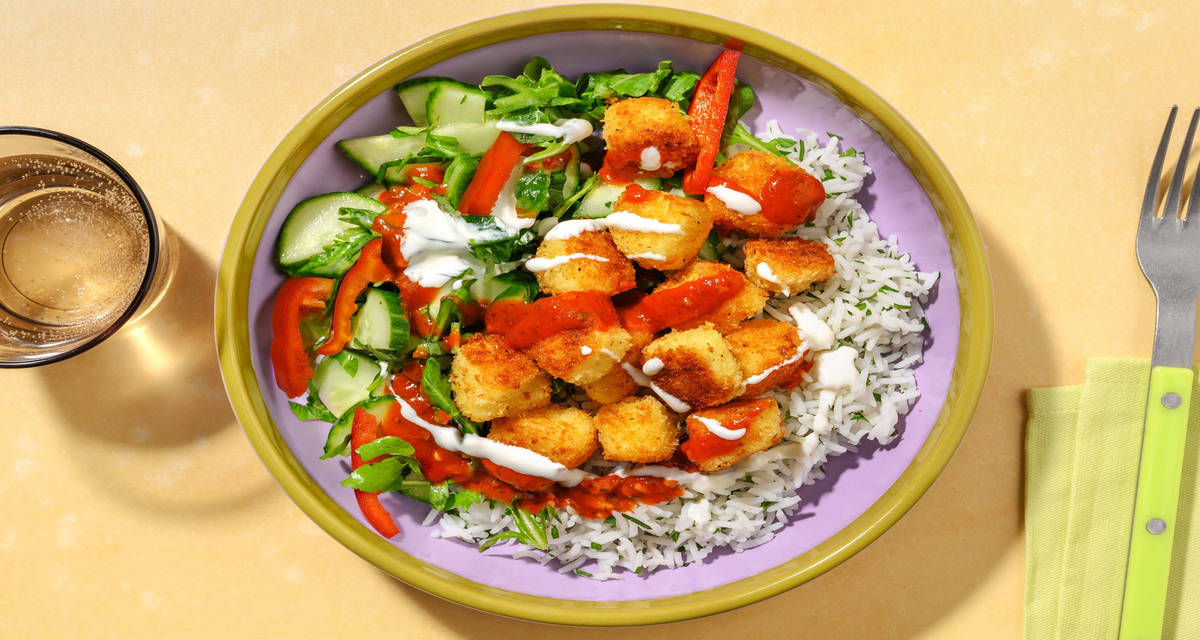 Spansk inspireret paneret halloumi-bowl med persilleris og 'bravas'-sauce