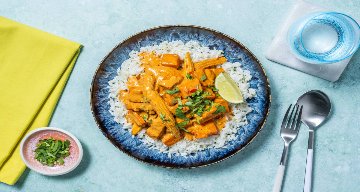 Thai Coconut and Sweet Potato Curry with Paneer with baby corn and coriander