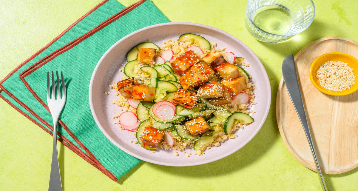 Teriyaki Tofu Bulgur Bowl with smashed cucumber and pickled radish