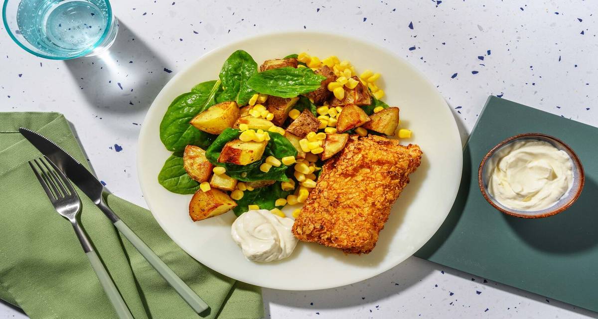 Mexikansk nachopanerad torsk med majs- och potatispytt