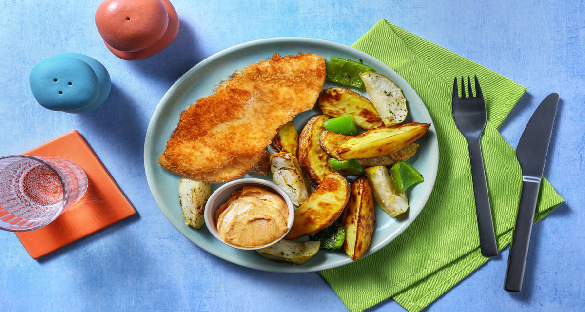 Pollo vegano crujiente con mayonesa de pimentón acompañado de verduras y manzana asada