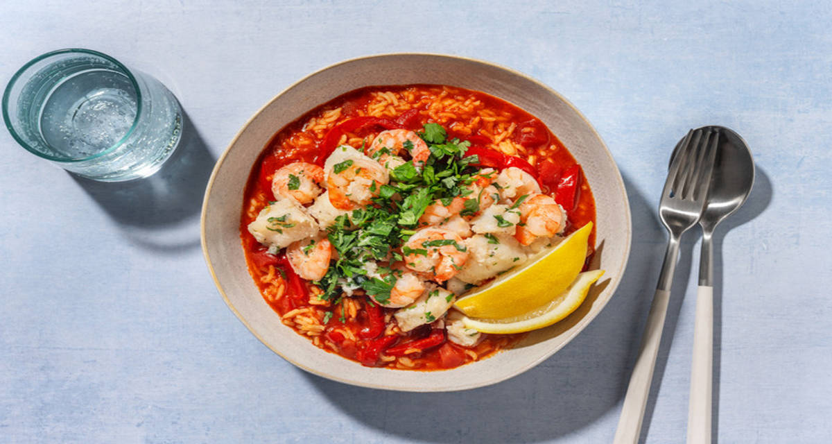 Mijoté de cabillaud & crevettes au chorizo fumé à l'espagnole, avec citron et persil